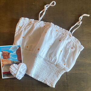 Bubble Smocked Crop Top with Orange Floral Embroidery